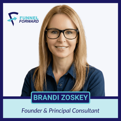 Profile picture of Brandi Zoskey, Founder of Funnel Forward, with long blonde hair, dark glasses, and denim long sleeve top