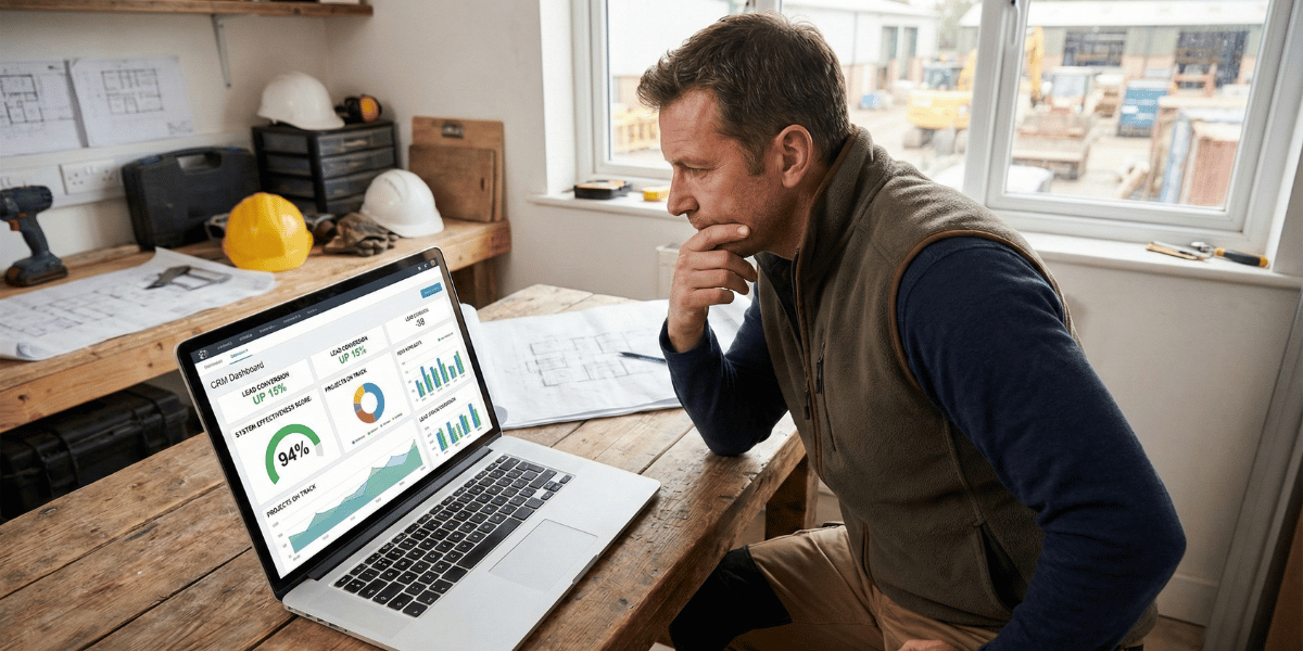 Contractor reviewing CRM dashboard on laptop to assess if system is working effectively