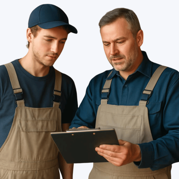 A business owner holding a clipboard while training a new hire