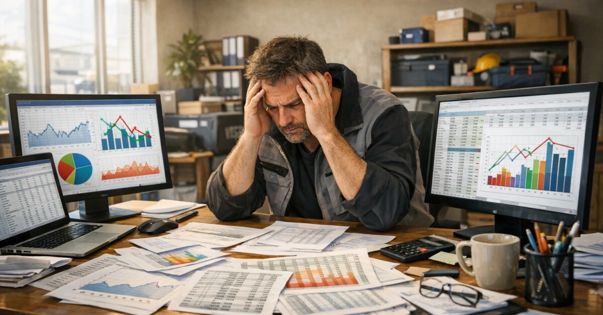 Trades business owner at a desk surrounded by messy spreadsheets and conflicting data on multiple screens