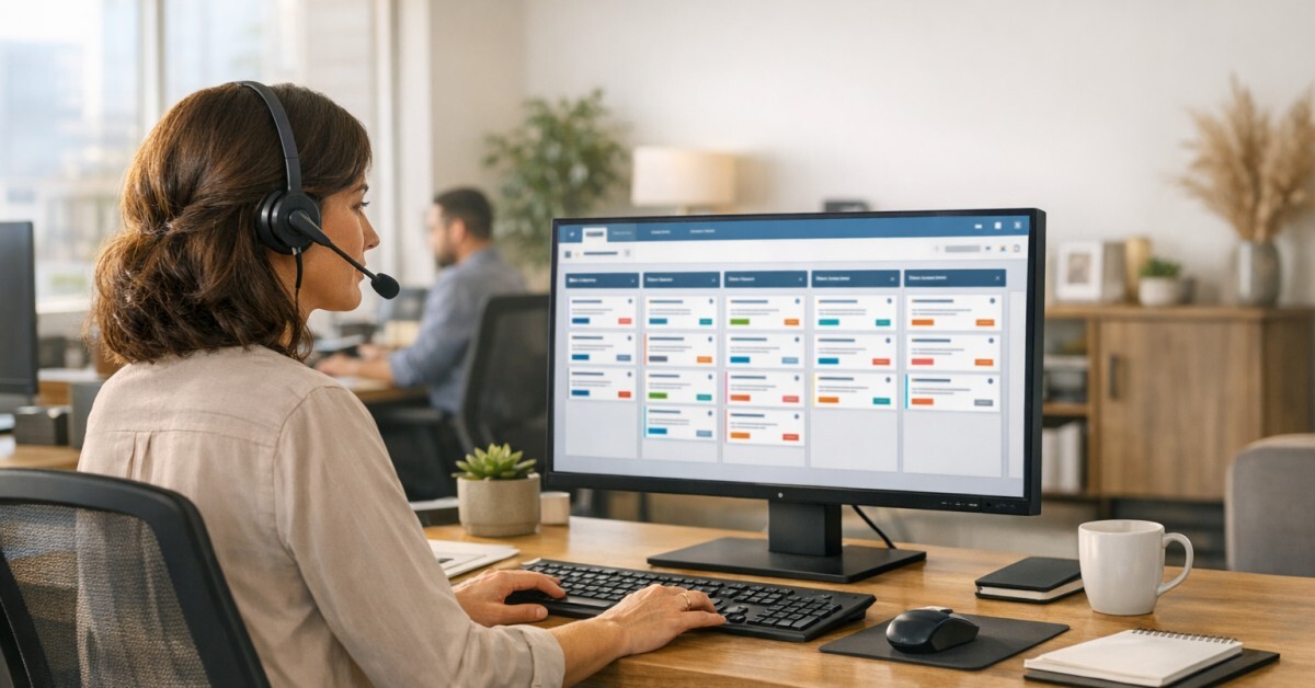 Home services dispatcher reviewing a lead qualification pipeline on a CRM dashboard in a modern office