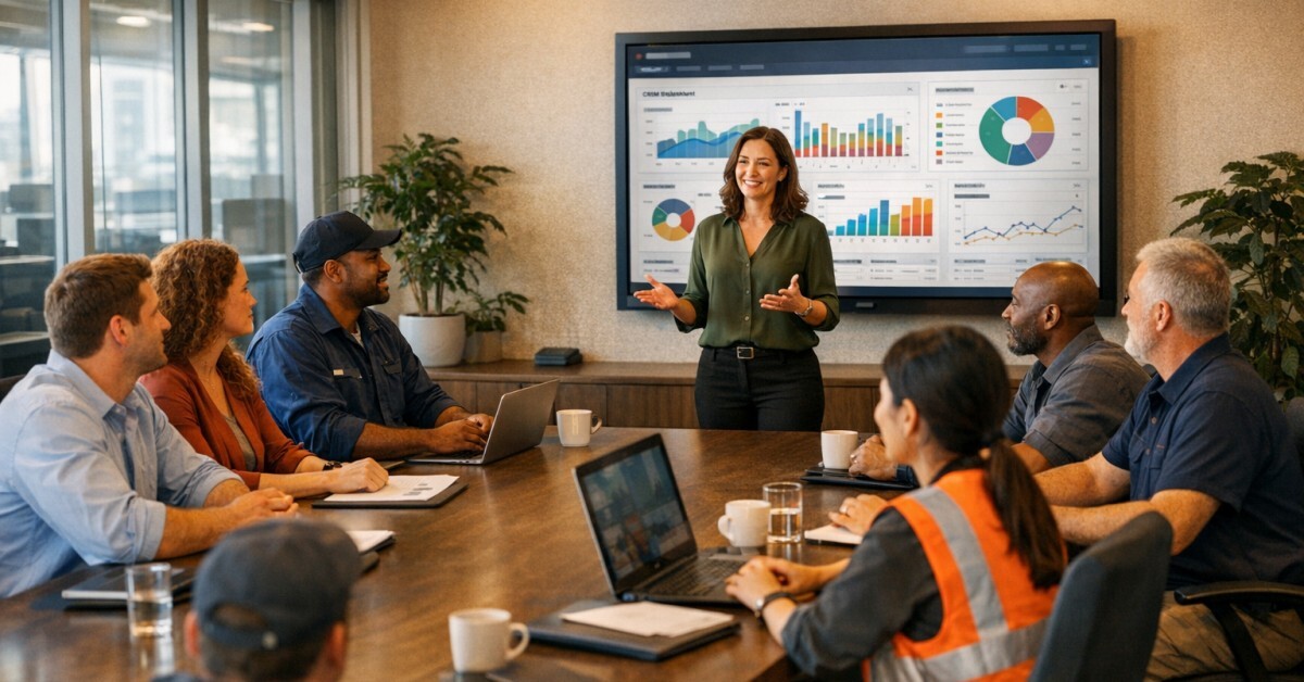 Trades business owner leading a team meeting to discuss CRM adoption with office staff and technicians in a modern office