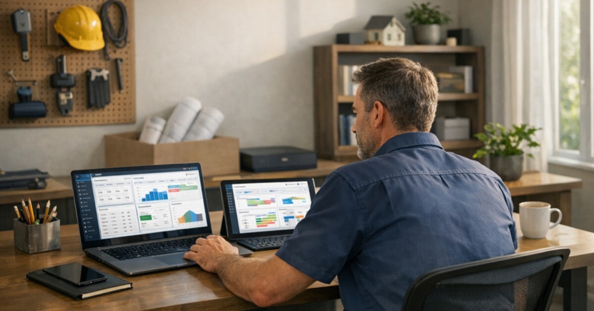 Trades business owner comparing CRM software platforms on a laptop and tablet in a modern office environment